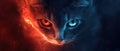 CLOSE UP OF A CAT\'S FACE WITH ONE RED EYE AND ONE BLUE EYE, SURROUNDED BY FLAMES AND GLOWING LIGHT Royalty Free Stock Photo