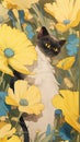 Close up of a cat. Surrounded by yellow and blue flowers. Illustration style in muted colors. Vintage image