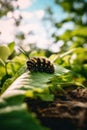 A close up of a cater on a leaf. Generative AI image.