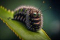 a close up of a caterpillar on a leaf with green eyes and a black body with yellow dots on it\'s head