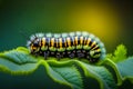 Close up of caterpillar on leaf on sunny day with blurry background. Generative AI