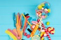 Close up of cattered chewing and licorice sweets, lollipops and Royalty Free Stock Photo