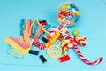 Close up of cattered chewing sweets, lollipops and jelly candies Royalty Free Stock Photo