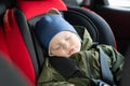 Close Up caucasian cute baby boy sleeping in modern car seat. Child traveling safety on the road. Safe way to travel Royalty Free Stock Photo
