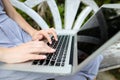 Close up caucasian female hands using laptop, typing message on keyboard. Royalty Free Stock Photo