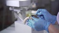 Close-up of Caucasian hands in protective gloves applying blue paint on teeth cast. Dental technician remodelling