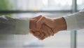 Close up Caucasian hands shaking formal friendly greeting welcome gesture hired invite hello handshaking shake arms Royalty Free Stock Photo