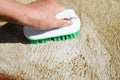 Close-up of caucasian housewife's hand washes wet rug, cleaning carpet with brush and detergent foam. Home hygiene Royalty Free Stock Photo