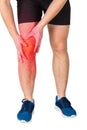 Close up of caucasian man athletic legs feeling knee pain from exercise isolated over white background Royalty Free Stock Photo