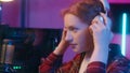 Close up Caucasian woman girl streamer gamer cyber gaming addiction female blogger influencer programmer coder look