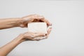 Caucasian woman washing her hands with bubbly soap bar isolated on white background Royalty Free Stock Photo