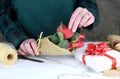 Close up of causcasian florist woman wrapping red rosebuds in burlap Royalty Free Stock Photo