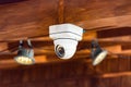 Close up of CCTV security camera on the ceiling in the building. Record video all day and night. Stay always safe concept Royalty Free Stock Photo