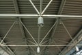 A close-up of a ceiling with lanterns and metal beams in a shopping centre. Inside view of iron structure construction as a Royalty Free Stock Photo