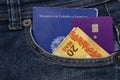 Close up of cellphone in the front pocket of jeans, credit cards and brazilian banknotes. Translate: digital work document