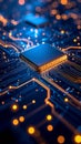 Close-up of a central processing unit on a circuit board with glowing lines and bokeh lights Royalty Free Stock Photo
