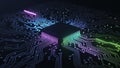 Close-up of a central processing unit on a circuit board with neon purple and green lights Royalty Free Stock Photo