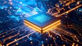 Close-up of a central processing unit (CPU) on a circuit board, glowing with digital data. Royalty Free Stock Photo