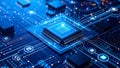 Close-up of a central processing unit (CPU) on a circuit board, glowing with digital data. Royalty Free Stock Photo
