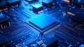 Close-up of a central processing unit (CPU) on a computer motherboard with glowing blue circuits. Royalty Free Stock Photo