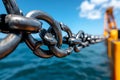 A close-up of the chain links attached to an anchor, with a focus on the strength and durability required to secure a vessel Royalty Free Stock Photo