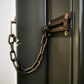 Chain lock on brown door close-up.