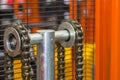 Close up chain of pallet hand lift or forklift truck for industrial work