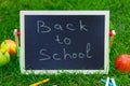 close up of chalkboard with the words back to school on a green lawn, apples and chalk are nearby