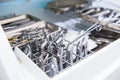 Close-up of chamber for sterile storage of medical and surgical tools in the dentist`s office. Surgery. Dentistry. Selective focus Royalty Free Stock Photo