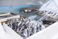 Close-up of chamber for sterile storage of medical and surgical tools in the dentist`s office. Surgery. Dentistry. Selective focus Royalty Free Stock Photo