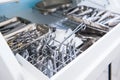 Close-up of chamber for sterile storage of medical and surgical tools in the dentist`s office. Surgery. Dentistry. Selective focus Royalty Free Stock Photo