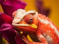 Close up of a chameleon on a purple orchid.