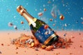 A close-up of a champagne bottle with a cork popping out, with bubbles and confetti flying around it. Generative AI Royalty Free Stock Photo