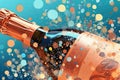 A close-up of a champagne bottle with a cork popping out, with bubbles and confetti flying around it. Generative AI Royalty Free Stock Photo