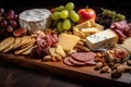 Close-up of a Charcuterie Board with a mix of soft and hard cheeses, crackers, fresh and dried fruits,