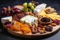 Close-up of a Charcuterie Board with a mix of soft and hard cheeses, crackers, fresh and dried fruits,