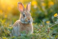 Close-up wild rabbit in sunlit garden. Generative AI Royalty Free Stock Photo
