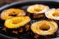 close-up of charred pineapple rings