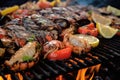 close-up of charred seafood on beachside grill