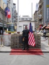 Close up of the Checkpoint Charlie, the most famous crossing point of the Berlin Wall between East and West Germany before the reu