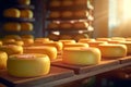 Close-up in cheese factory, cheese production, illustration. Generative AI Royalty Free Stock Photo