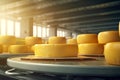 Close-up in cheese factory, cheese production, illustration. Generative AI Royalty Free Stock Photo
