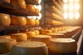 Close-up in cheese factory, cheese production, illustration. Generative AI Royalty Free Stock Photo