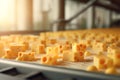 Close-up in cheese factory, cheese production, illustration. Generative AI Royalty Free Stock Photo