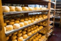 close up of cheese maturing on wooden racks