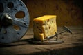 close-up of cheese, with a mousetrap in the background and its spring ready to snap Royalty Free Stock Photo