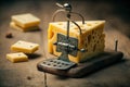 close-up of cheese, with a mousetrap in the background and its spring ready to snap Royalty Free Stock Photo