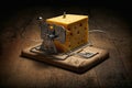 close-up of cheese in mousetrap, with trap ready to spring Royalty Free Stock Photo