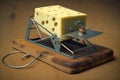 close-up of cheese and mousetrap, with trap ready to spring Royalty Free Stock Photo