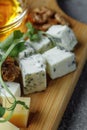 Close-up of a cheese plate. 4 types of cheese, soft white brie cheese, camembert, semi-soft briques, blue, roquefort, hard cheese Royalty Free Stock Photo